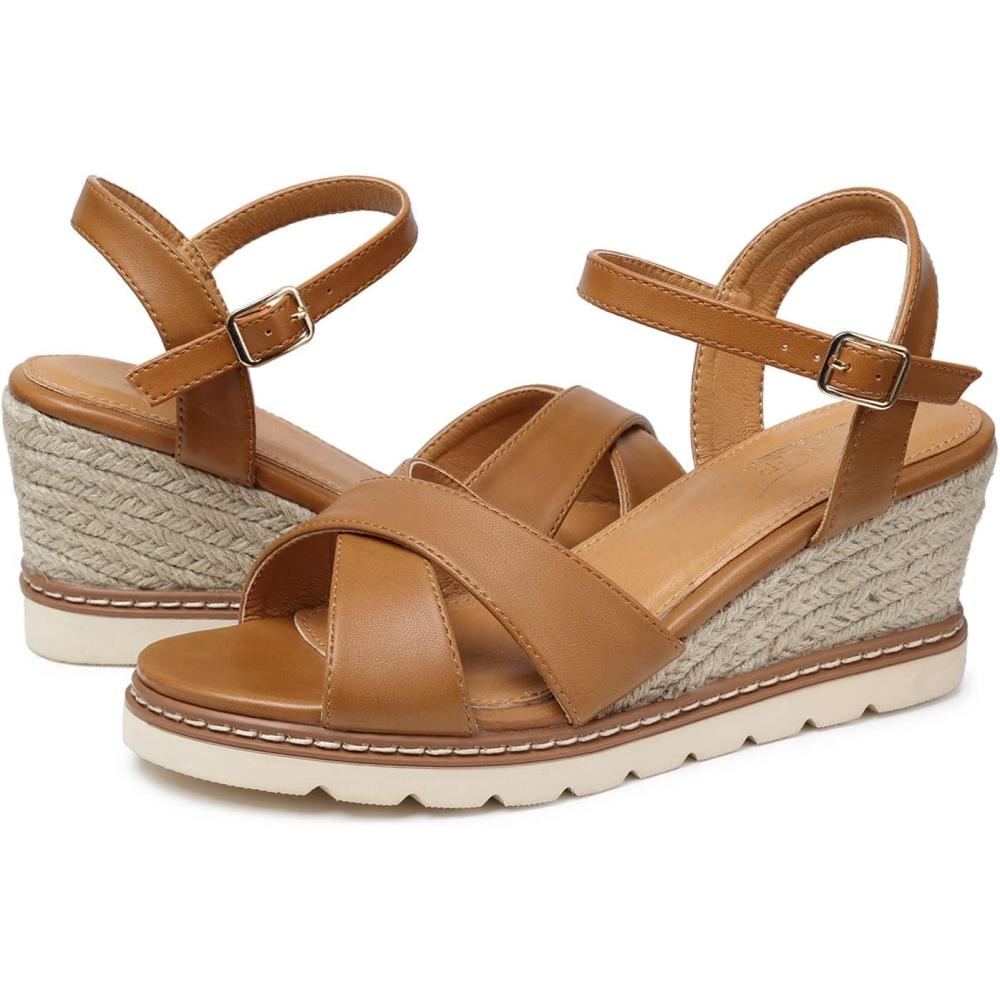 imageSHIBEVER Womens Wedge Sandals Ankle Strap Open Toe Summer Comfortable Espadrille Platform Sandals Shoes Brown 6