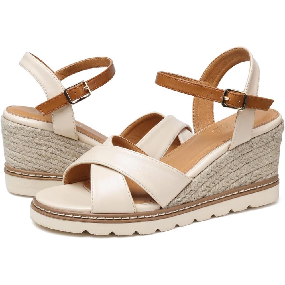 imageSHIBEVER Womens Wedge Sandals Espadrille Wedge Platform Ankle Strap Open Toe Sandals Apricot 7