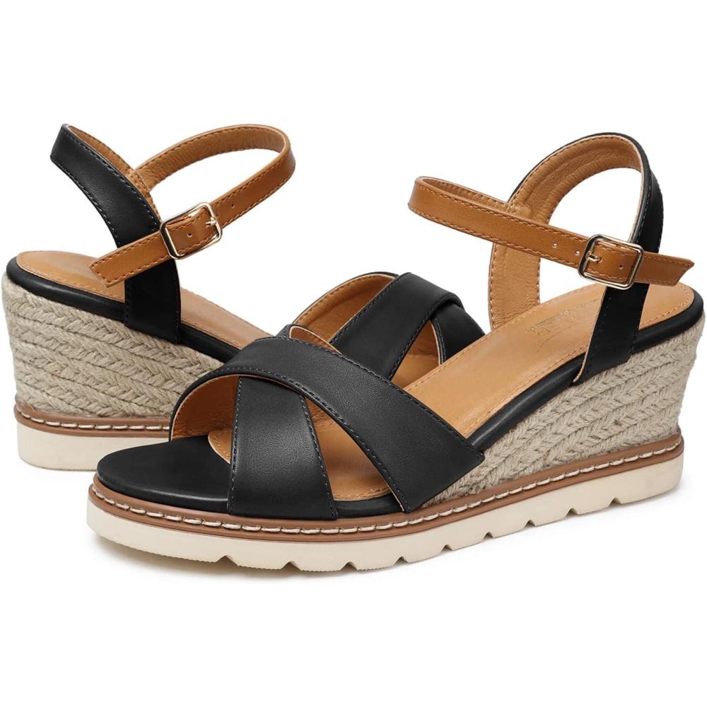 imageSHIBEVER Womens Wedge Sandals Espadrille Wedge Platform Ankle Strap Open Toe Sandals Black 7