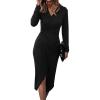 imageSHIBEVER Womens Long Sleeve Dress Midi Casual V Neck Twist Waist Ribbed Knit Bodycon Slit Cocktail Party DressesBlack