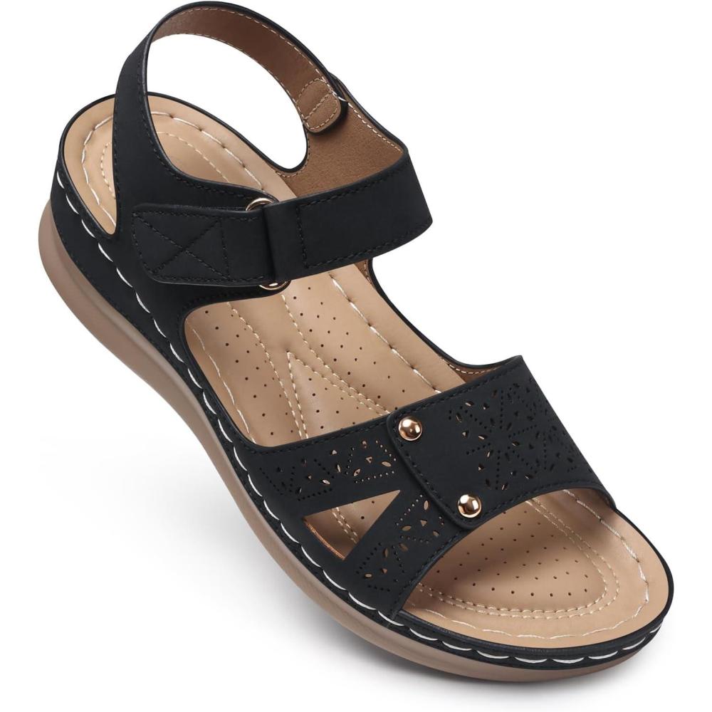 imageSHIBEVER Flat Sandals for Women Dressy Comfortable Flats Sandals Women Open Toe Ankle Strap Walking Shoes Summer66black