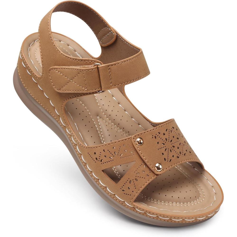 imageSHIBEVER Flat Sandals for Women Dressy Comfortable Flats Sandals Women Open Toe Ankle Strap Walking Shoes Summer66brown