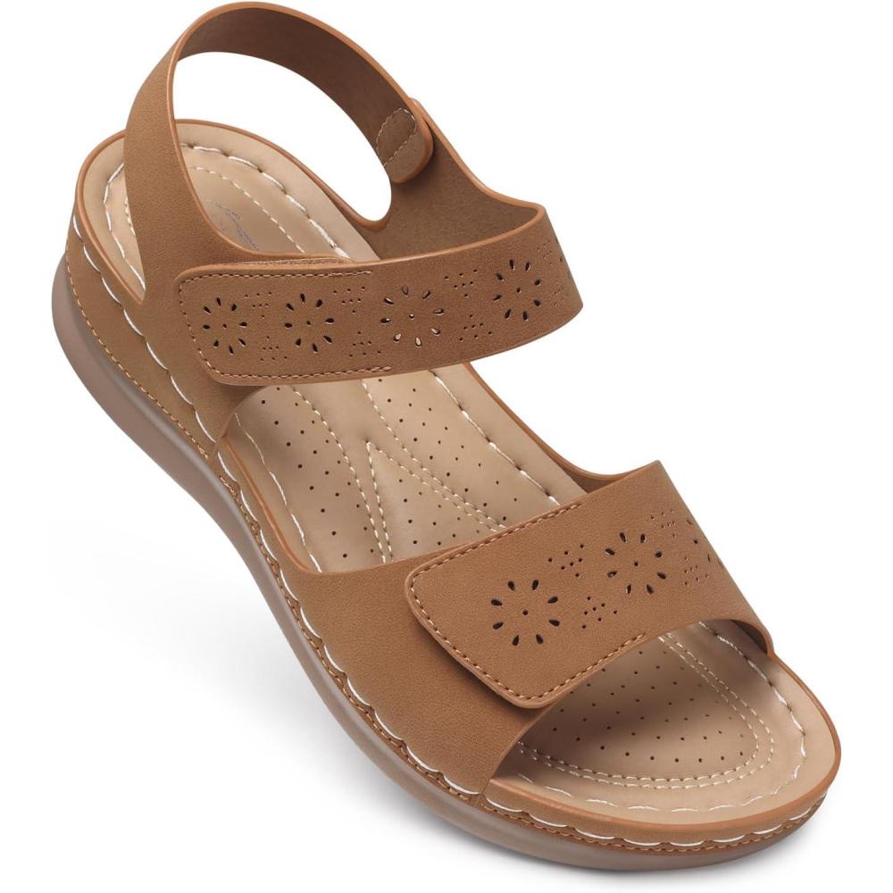 imageSHIBEVER Flat Sandals for Women Dressy Comfortable Flats Sandals Women Open Toe Ankle Strap Walking Shoes SummerBrown