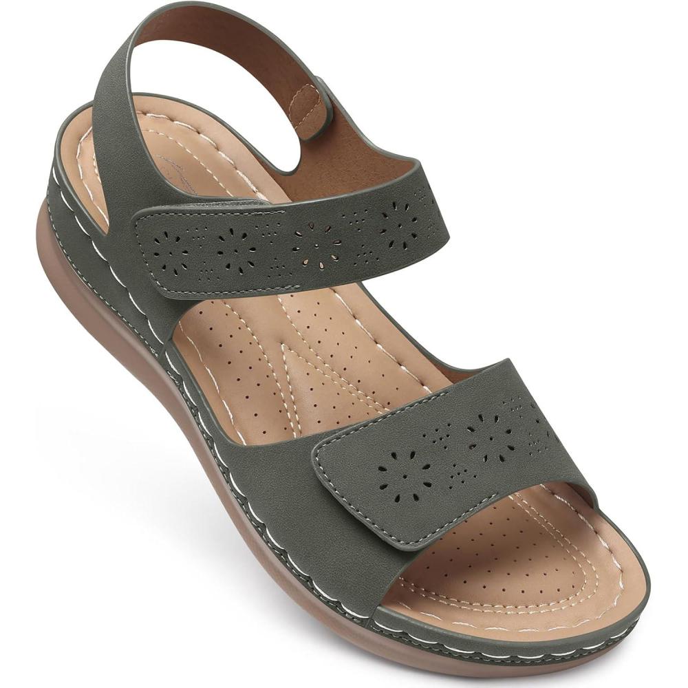 imageSHIBEVER Flat Sandals for Women Dressy Comfortable Flats Sandals Women Open Toe Ankle Strap Walking Shoes SummerGreen