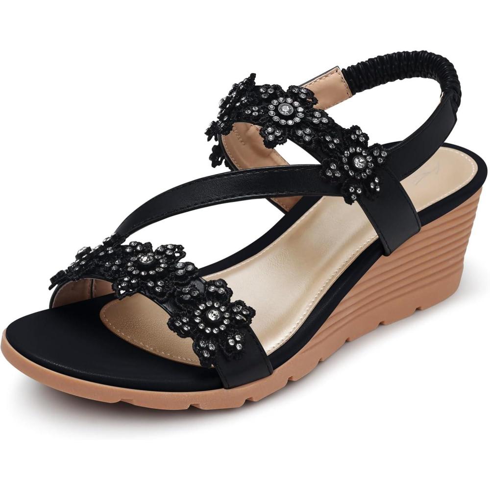 imageSHIBEVER Wedge Sandals for Women Dressy Summer Open Toe Low Platform Wedges Sandals Elastic Ankle Strap Flower Comfortable Casual Shoes1805black