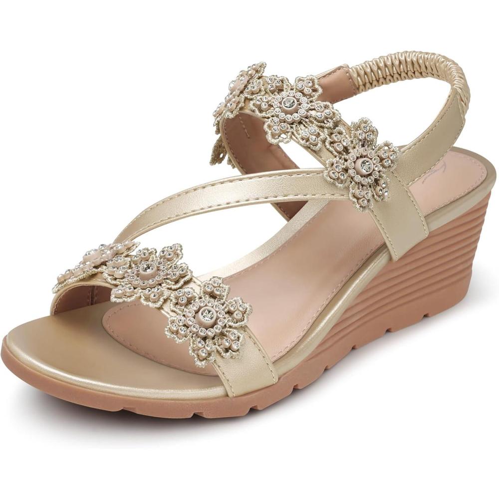 imageSHIBEVER Wedge Sandals for Women Dressy Summer Open Toe Low Platform Wedges Sandals Elastic Ankle Strap Flower Comfortable Casual Shoes1805champagne