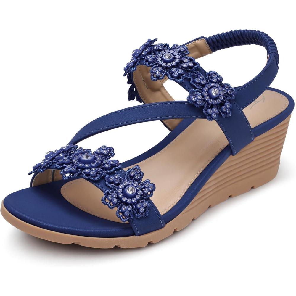 imageSHIBEVER Wedge Sandals for Women Dressy Summer Open Toe Low Platform Wedges Sandals Elastic Ankle Strap Flower Comfortable Casual Shoes1805navy Blue