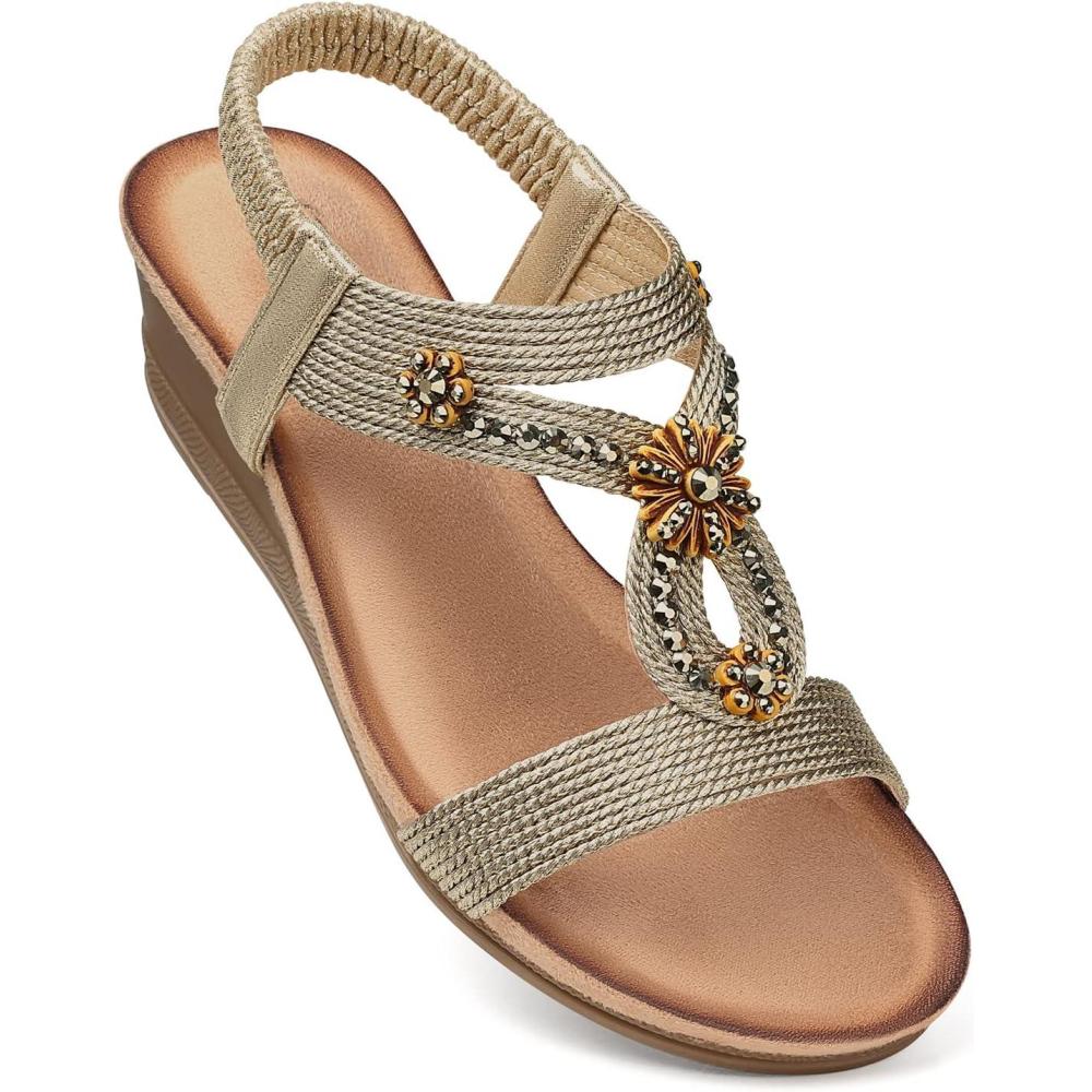 imageSHIBEVER Womens Wedge Sandals Flower Low Heel Dressy Sandals Elastic Ankle Strap Rhinestone Summer Comfortable Shoes2657brownness
