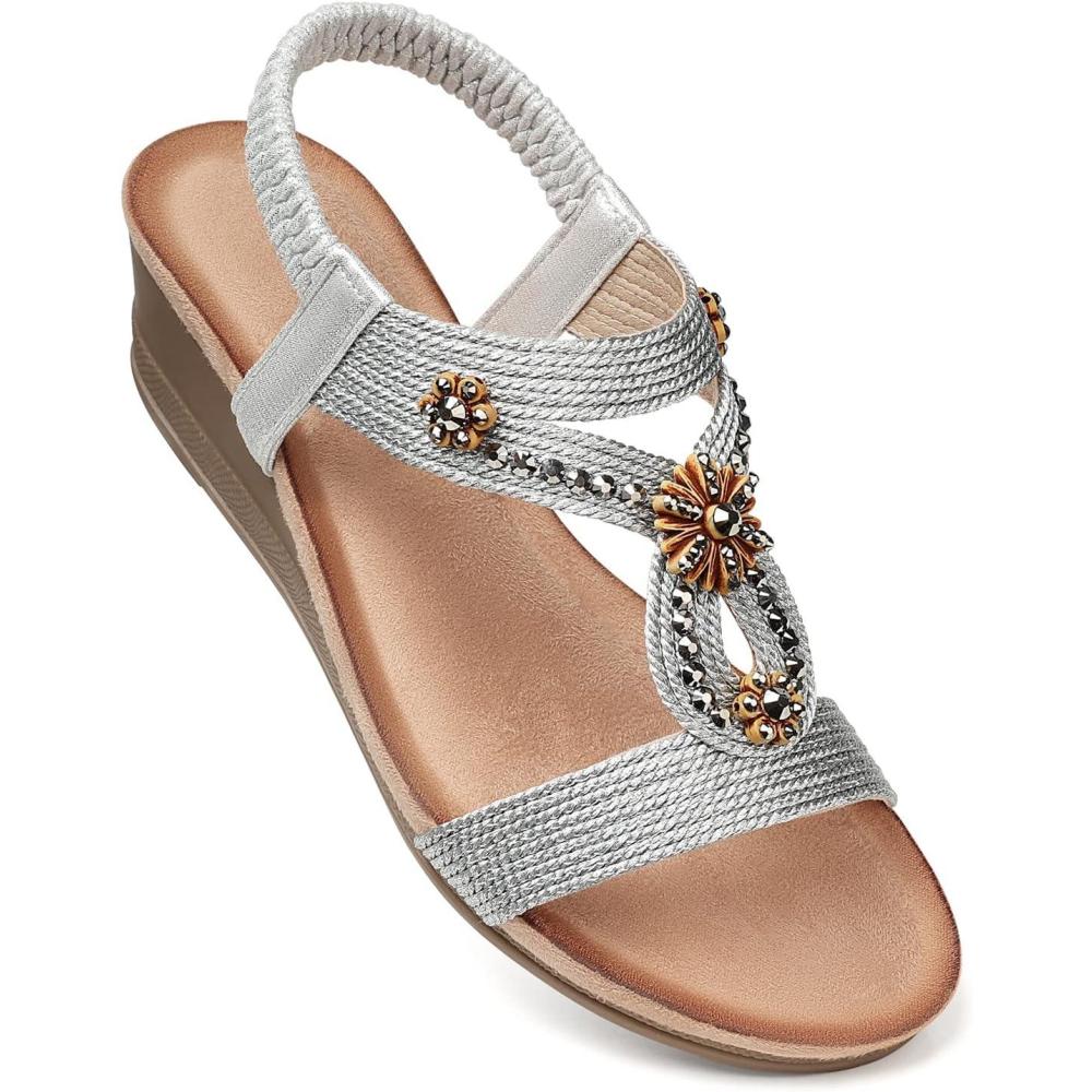 imageSHIBEVER Womens Wedge Sandals Flower Low Heel Dressy Sandals Elastic Ankle Strap Rhinestone Summer Comfortable Shoes2657silver