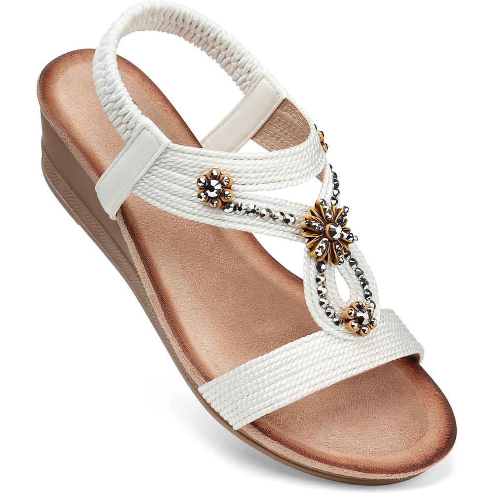 imageSHIBEVER Womens Wedge Sandals Flower Low Heel Dressy Sandals Elastic Ankle Strap Rhinestone Summer Comfortable Shoes2657white