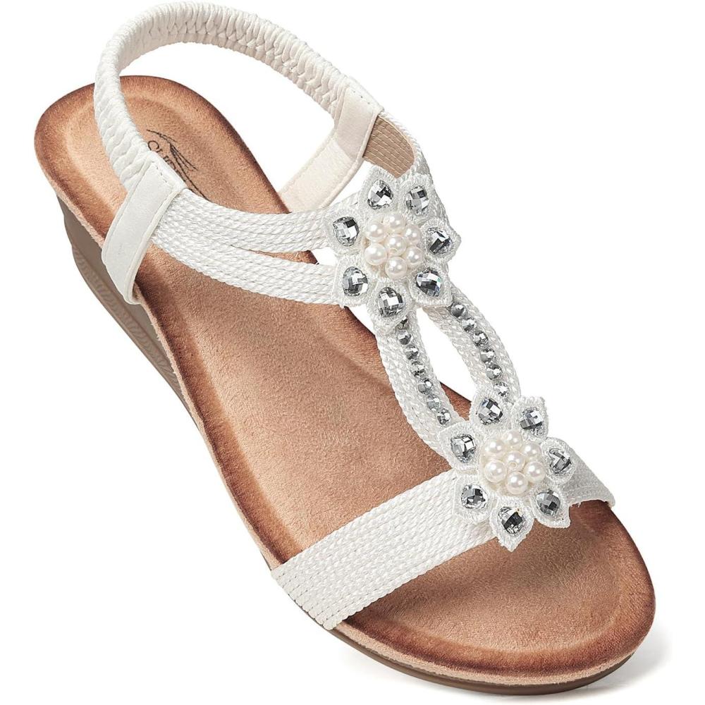 imageSHIBEVER Womens Wedge Sandals Flower Low Heel Dressy Sandals Elastic Ankle Strap Rhinestone Summer Comfortable Shoes2702white