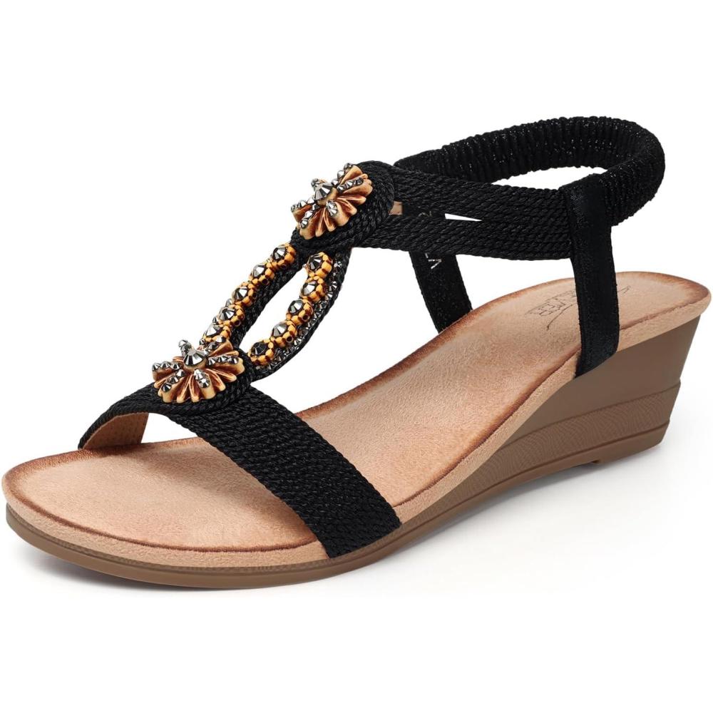 imageSHIBEVER Womens Wedge Sandals Flower Low Heel Dressy Sandals Elastic Ankle Strap Rhinestone Summer Comfortable Shoes2782black