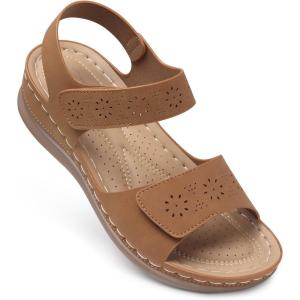SHIBEVER Flat Sandals for Women Dressy: Comfortable Flats Sandals Women Open Toe Ankle Strap Walking Shoes Summer(Brown)