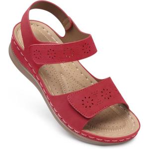 SHIBEVER Flat Sandals for Women Dressy: Comfortable Flats Sandals Women Open Toe Ankle Strap Walking Shoes Summer(Red)