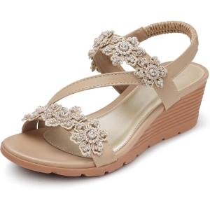 SHIBEVER Wedge Sandals for Women Dressy: Summer Open Toe Low Platform Wedges Sandals Elastic Ankle Strap Flower Comfortable Casual Shoes(1805-beige)