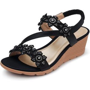SHIBEVER Wedge Sandals for Women Dressy: Summer Open Toe Low Platform Wedges Sandals Elastic Ankle Strap Flower Comfortable Casual Shoes(1805-black)