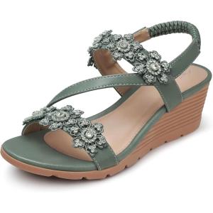SHIBEVER Wedge Sandals for Women Dressy: Summer Open Toe Low Platform Wedges Sandals Elastic Ankle Strap Flower Comfortable Casual Shoes(1805-green)