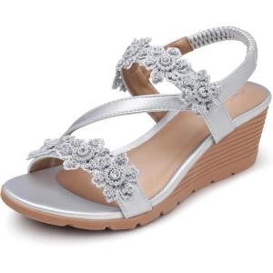 SHIBEVER Wedge Sandals for Women Dressy: Summer Open Toe Low Platform Wedges Sandals Elastic Ankle Strap Flower Comfortable Casual Shoes(1805-silver)