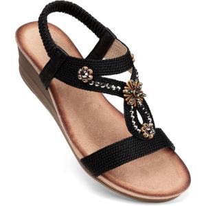 SHIBEVER Womens Wedge Sandals Flower Low Heel Dressy Sandals Elastic Ankle Strap Rhinestone Summer Comfortable Shoes(2657-black)