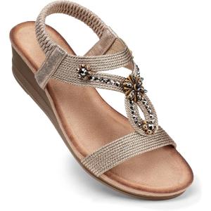 SHIBEVER Womens Wedge Sandals Flower Low Heel Dressy Sandals Elastic Ankle Strap Rhinestone Summer Comfortable Shoes(2657-champagne)