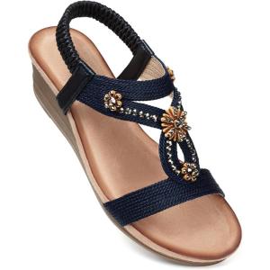 SHIBEVER Womens Wedge Sandals Flower Low Heel Dressy Sandals Elastic Ankle Strap Rhinestone Summer Comfortable Shoes(2657-darkblue)