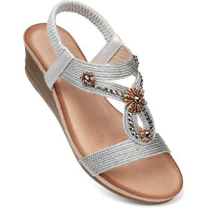 SHIBEVER Womens Wedge Sandals Flower Low Heel Dressy Sandals Elastic Ankle Strap Rhinestone Summer Comfortable Shoes(2657-silver)