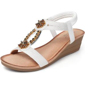 SHIBEVER Womens Wedge Sandals Flower Low Heel Dressy Sandals Elastic Ankle Strap Rhinestone Summer Comfortable Shoes(2782-white)