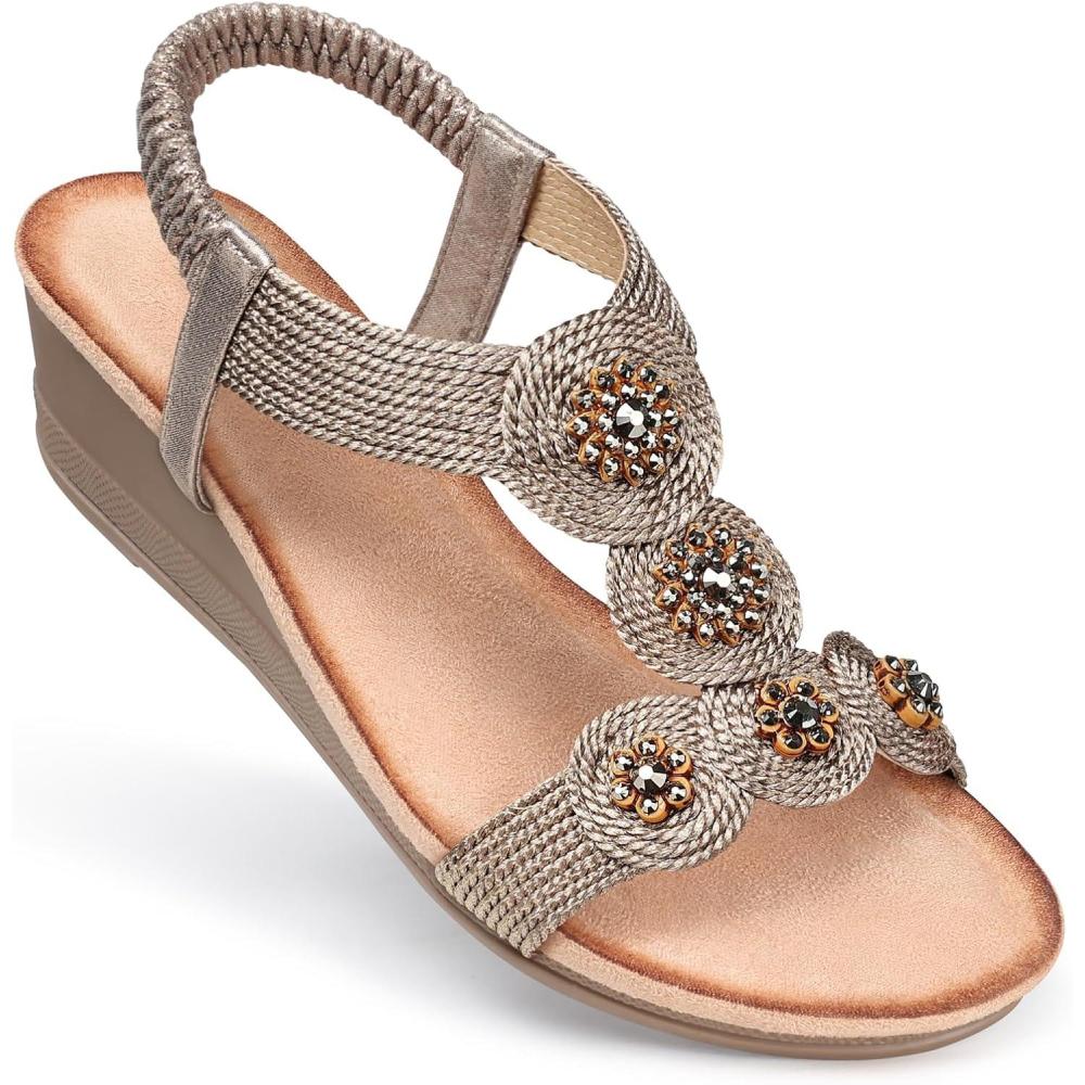 imageSHIBEVER Wedge Sandals for Women Low Elastic Ankle Strap Open Toe  Dressy Bohemia Wedge Sandals  Comfortable Summer Champagne Size 10
