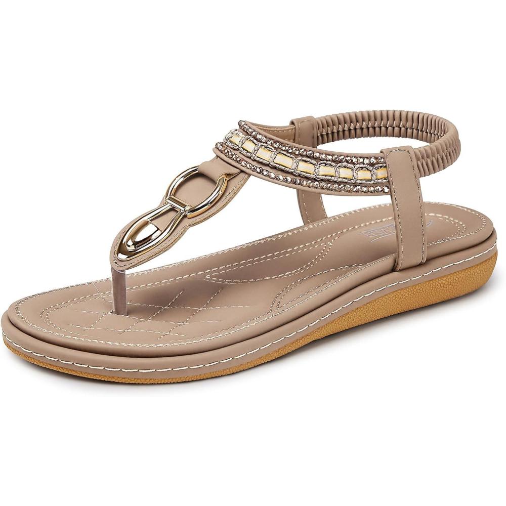 imageSHIBEVER Womens Sandals Dressy Summer Women Comfortable Walking Flat Bohemian TStrap Ladies Casual Comfy Sandals563apricot