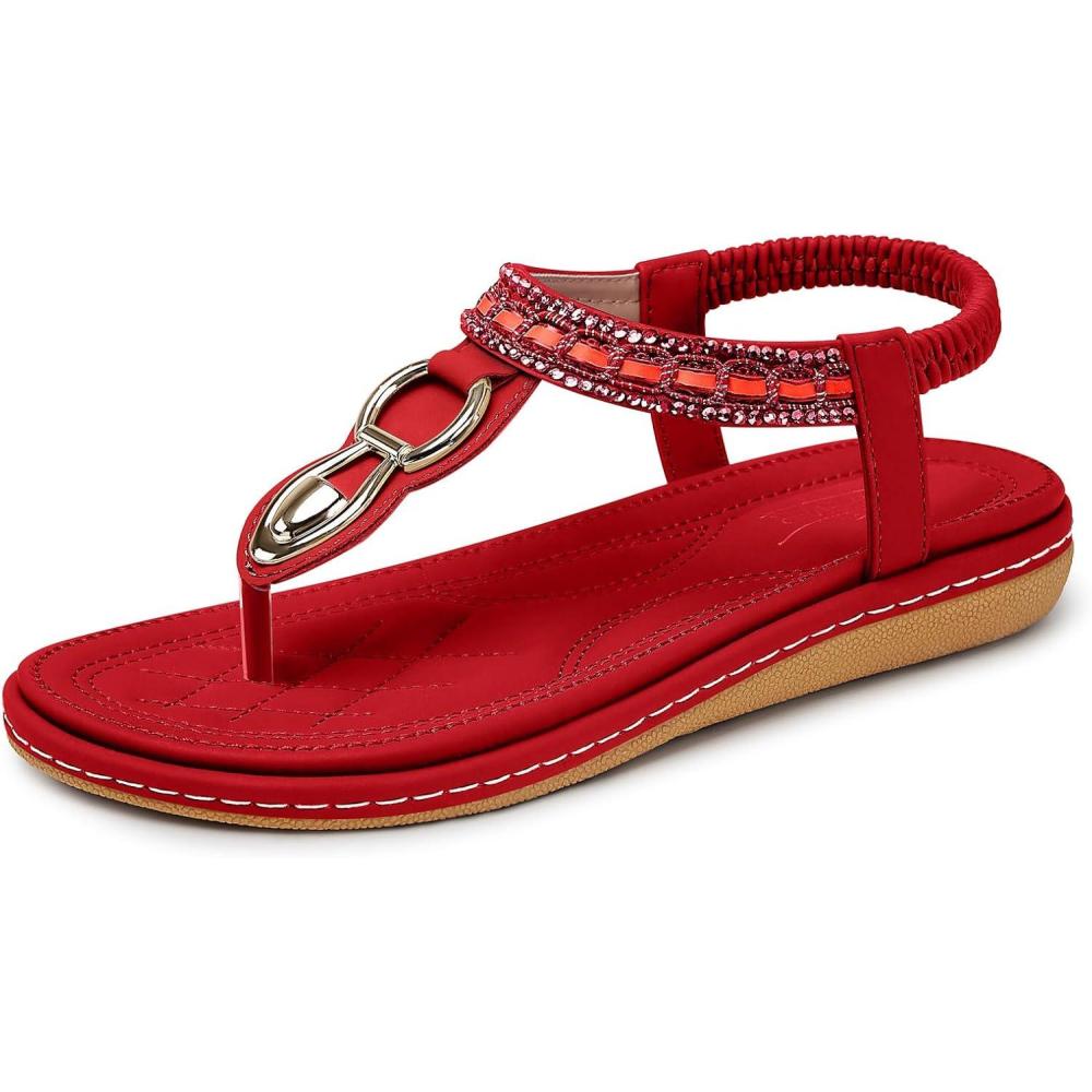 imageSHIBEVER Womens Sandals Dressy Summer Women Comfortable Walking Flat Bohemian TStrap Ladies Casual Comfy Sandals563red