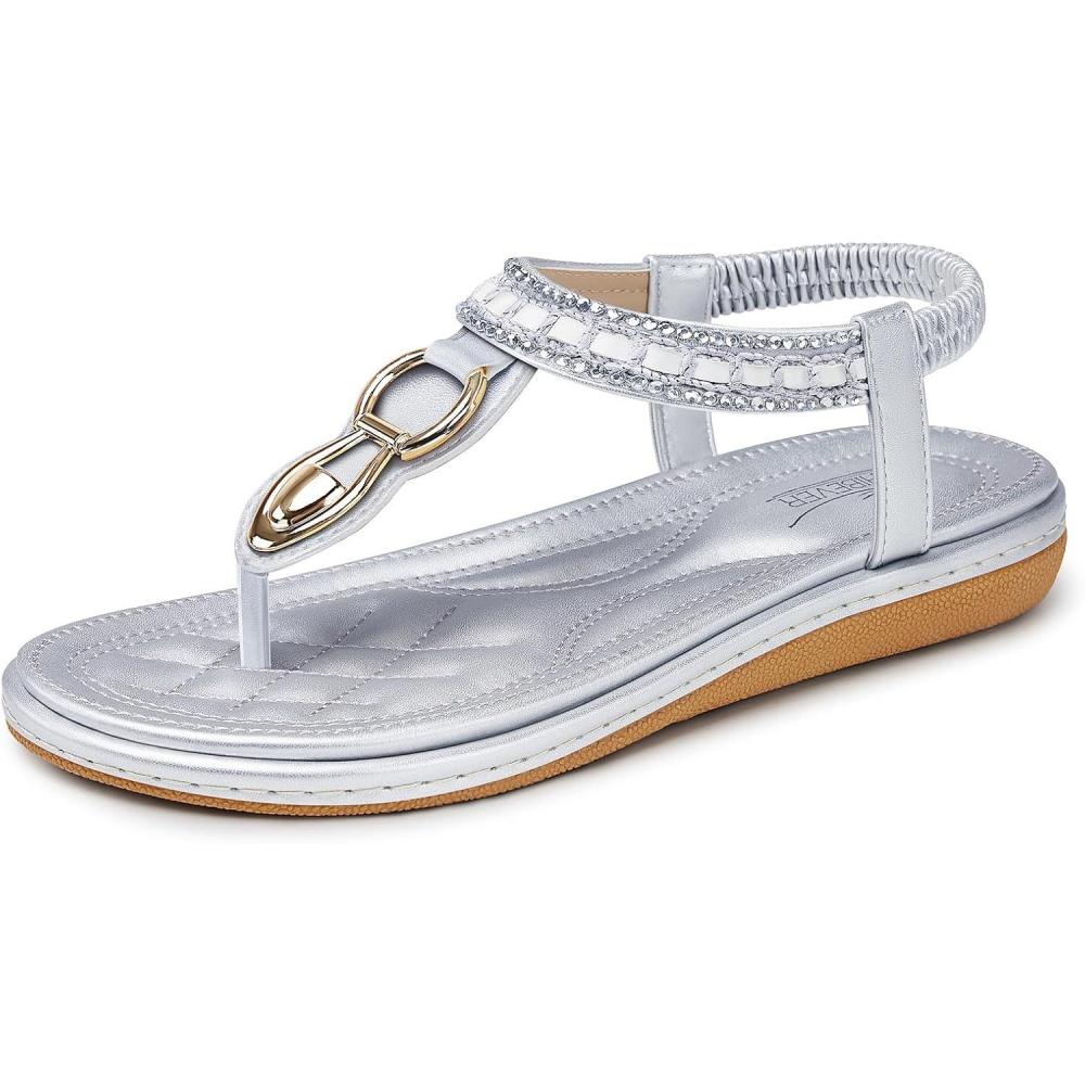 imageSHIBEVER Womens Sandals Dressy Summer Women Comfortable Walking Flat Bohemian TStrap Ladies Casual Comfy Sandals563silver