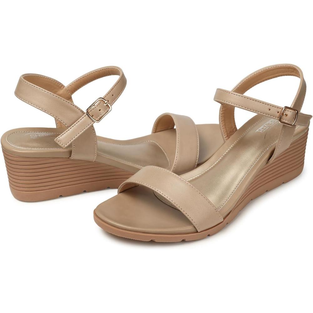 imageSHIBEVER Womens Sandals Wedge Comfortable Buckle Ankle Strap Wedge Sandal  Nude Sandals Women  Dressy Summer Size 10