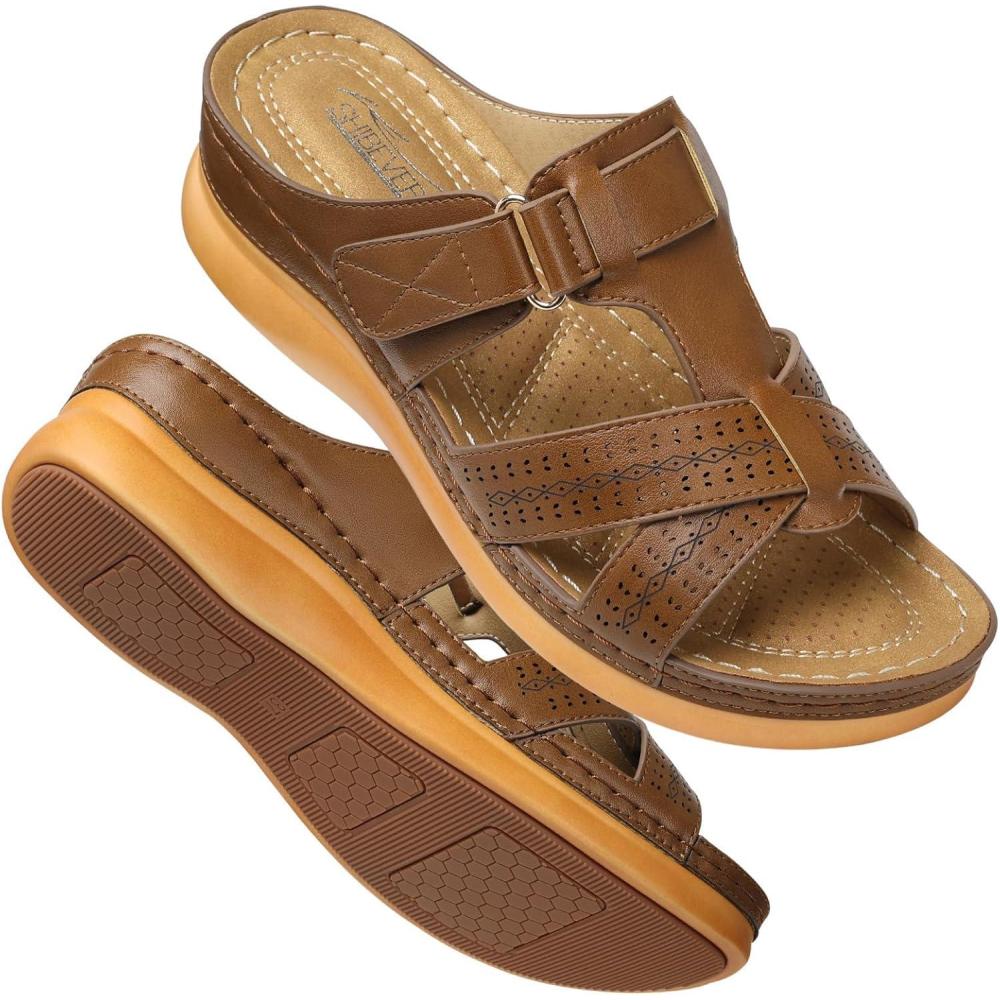 imageSHIBEVER Womens Sandals Wedge Comfortable Orthopedic Wedge Sandalias Women  Slip on Platform Sandals Brown Size 85