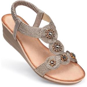 SHIBEVER Wedge Sandals for Women Low: Elastic Ankle Strap Open Toe – Dressy Bohemia Wedge Sandals – Comfortable Summer Champagne Size 10