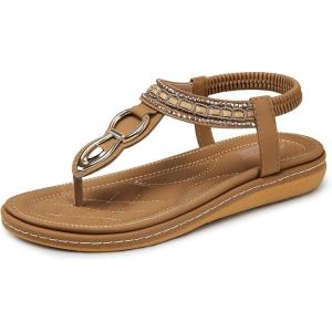 SHIBEVER Womens Sandals Dressy Summer: Women Comfortable Walking Flat Bohemian T-Strap Ladies Casual Comfy Sandals(563-brown)