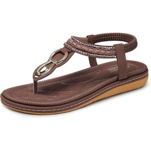 SHIBEVER Womens Sandals Dressy Summer: Women Comfortable Walking Flat Bohemian T-Strap Ladies Casual Comfy Sandals(563-coffee)
