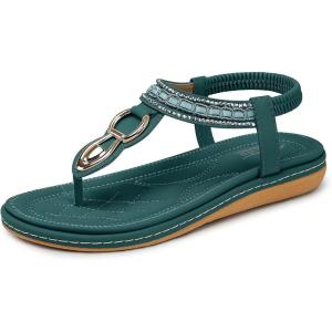 SHIBEVER Womens Sandals Dressy Summer: Women Comfortable Walking Flat Bohemian T-Strap Ladies Casual Comfy Sandals(563-dark Green)