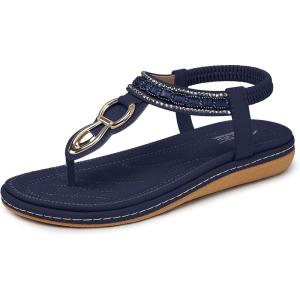 SHIBEVER Womens Sandals Dressy Summer: Women Comfortable Walking Flat Bohemian T-Strap Ladies Casual Comfy Sandals(563-navy Blue)