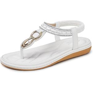 SHIBEVER Womens Sandals Dressy Summer: Women Comfortable Walking Flat Bohemian T-Strap Ladies Casual Comfy Sandals(563-white)