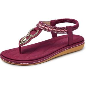 SHIBEVER Womens Sandals Dressy Summer: Women Comfortable Walking Flat Bohemian T-Strap Ladies Casual Comfy Sandals(563-wine Red)