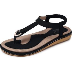 SHIBEVER Womens Sandals Summer Flat: Dressy Casual Flats Sandals – T-Strap Flip Flop Thong Sandals – Black Size 7 Comfy Walking