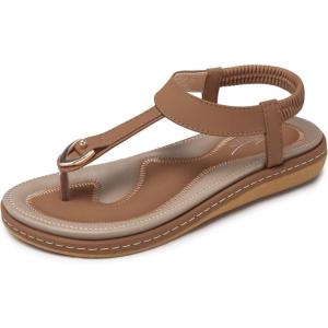 SHIBEVER Womens Sandals Summer Flat: Dressy Casual T-Strap Flip Flop Thong Flats Sandals – Comfortable Walking(220 Brown)
