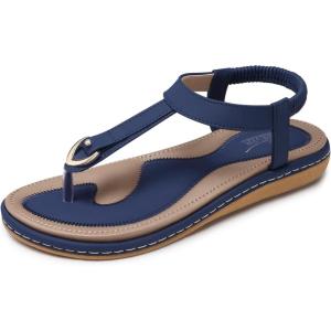 SHIBEVER Womens Sandals Summer Flat: Dressy Casual T-Strap Flip Flop Thong Flats Sandals – Comfortable Walking(220 Dark Blue)