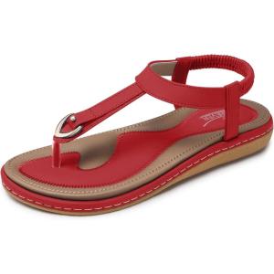 SHIBEVER Womens Sandals Summer Flat: Dressy Casual T-Strap Flip Flop Thong Flats Sandals – Comfortable Walking(220 Red)