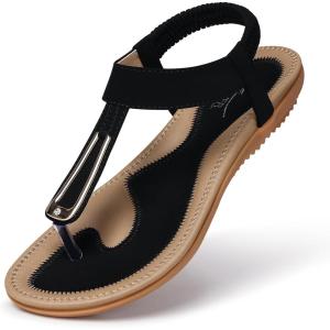 SHIBEVER Womens Sandals Summer Flat: Dressy Casual T-Strap Flip Flop Thong Flats Sandals – Comfortable Walking(38-black)
