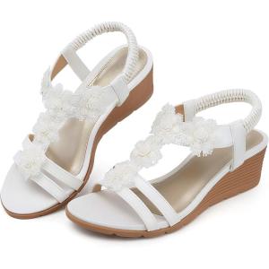 SHIBEVER Womens Sandals Wedge Flower: Open Toe Elastic Ankle Strap Wedge Sandal – Dressy Sandals Women – Comfortable Summer Bohemia(2626-white)