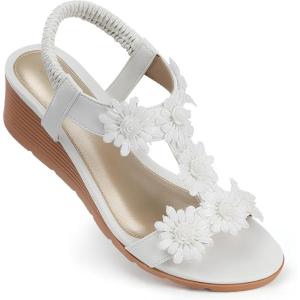 SHIBEVER Womens Wedge Sandals Summer: Elastic Ankle Strap Open Toe Flower Sandal Size 7
