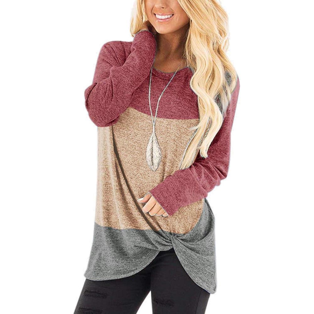 imageSHIBEVER Long Sleeve Women Tops Fall Casual Tunic Shirts for Womens Round Neck Twist Knotted Tee BlousesRed Block