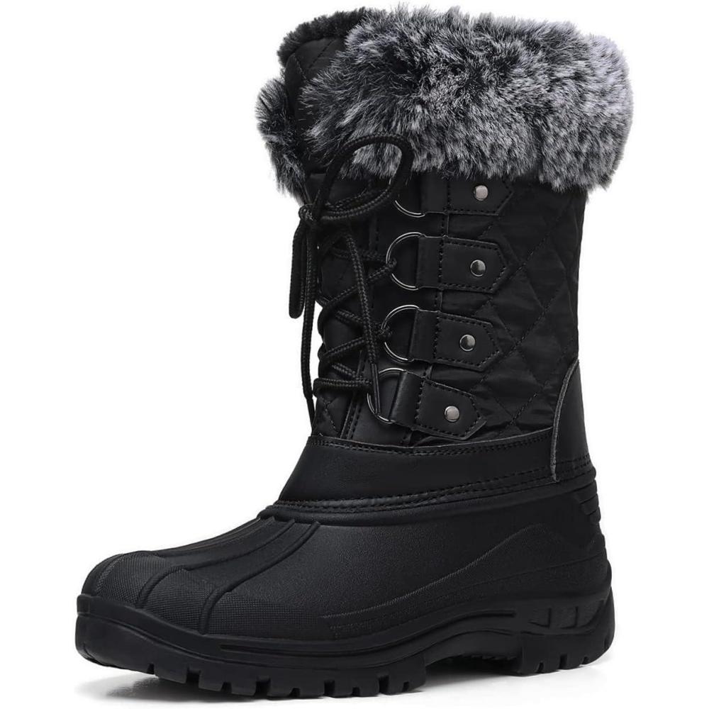 imageSHIBEVER Snow Duck Boots for Women Black Winter Waterproof Insulated MidCalf Booties Cold Weather Warm Fur Lined Wide Outdoor Boot Size