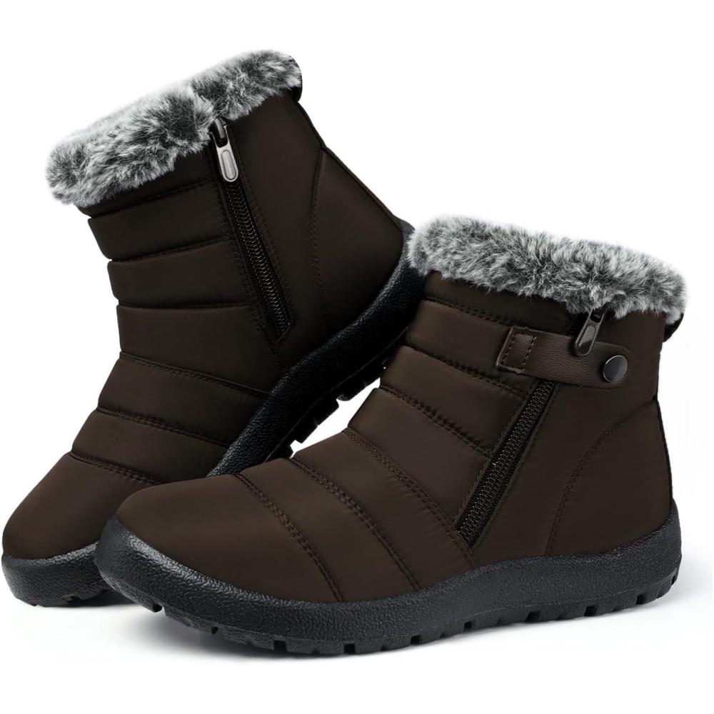 imageSHIBEVER Women Winter Snow Boots Black Waterproof Walking Booties Non Slip Fur Lined Warm Outdoor Ankle Short Boot31brown